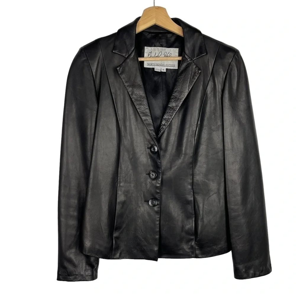 MICHAEL HOBAN NORTH BEACH BLACK LEATHER 90S 3 BUTTON NOTCH COLLAR BLAZER JACKET